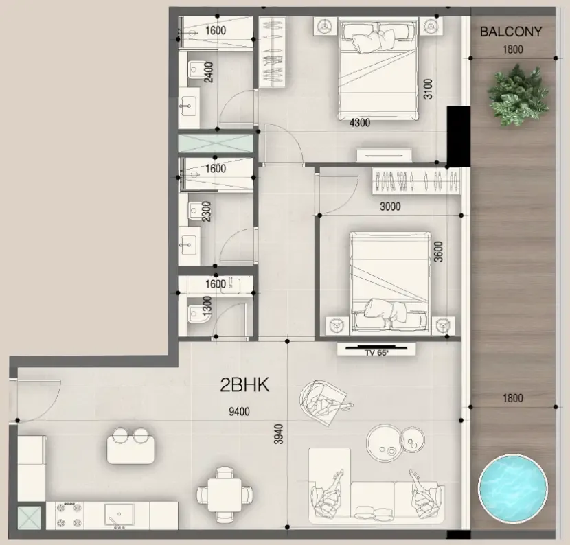 Peace Avenue 2 bed floor plan, 1,106 sqft
