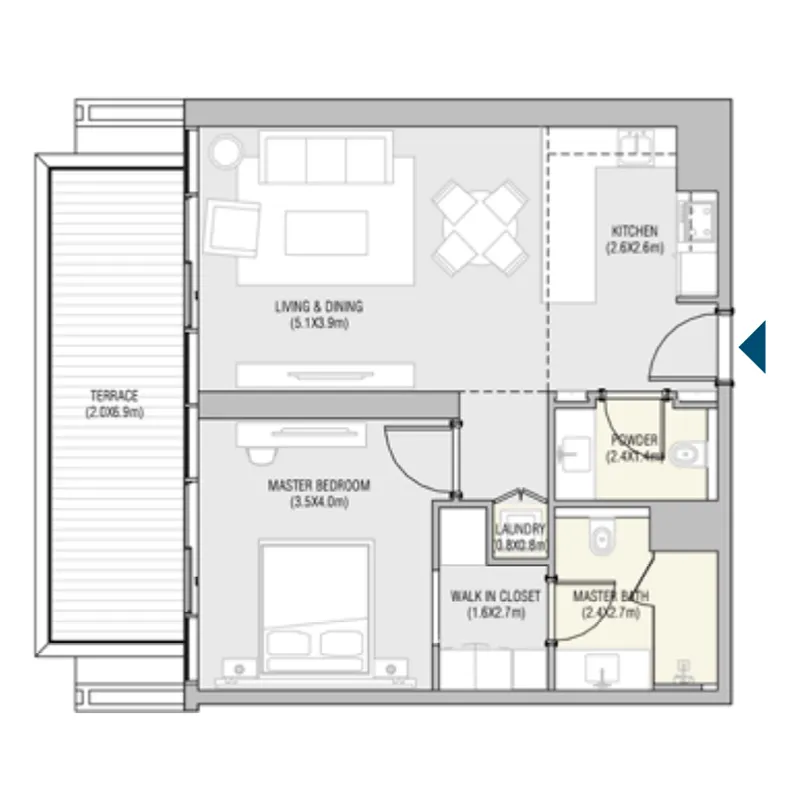 Vida Residences Saadiyat Island 1 bed floor plan, 833 – 837 sqft
