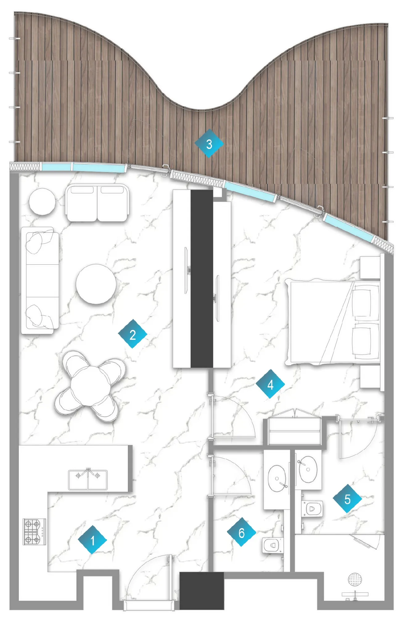 Aqua Arc 1 bed floor plan, 1,079 sqft