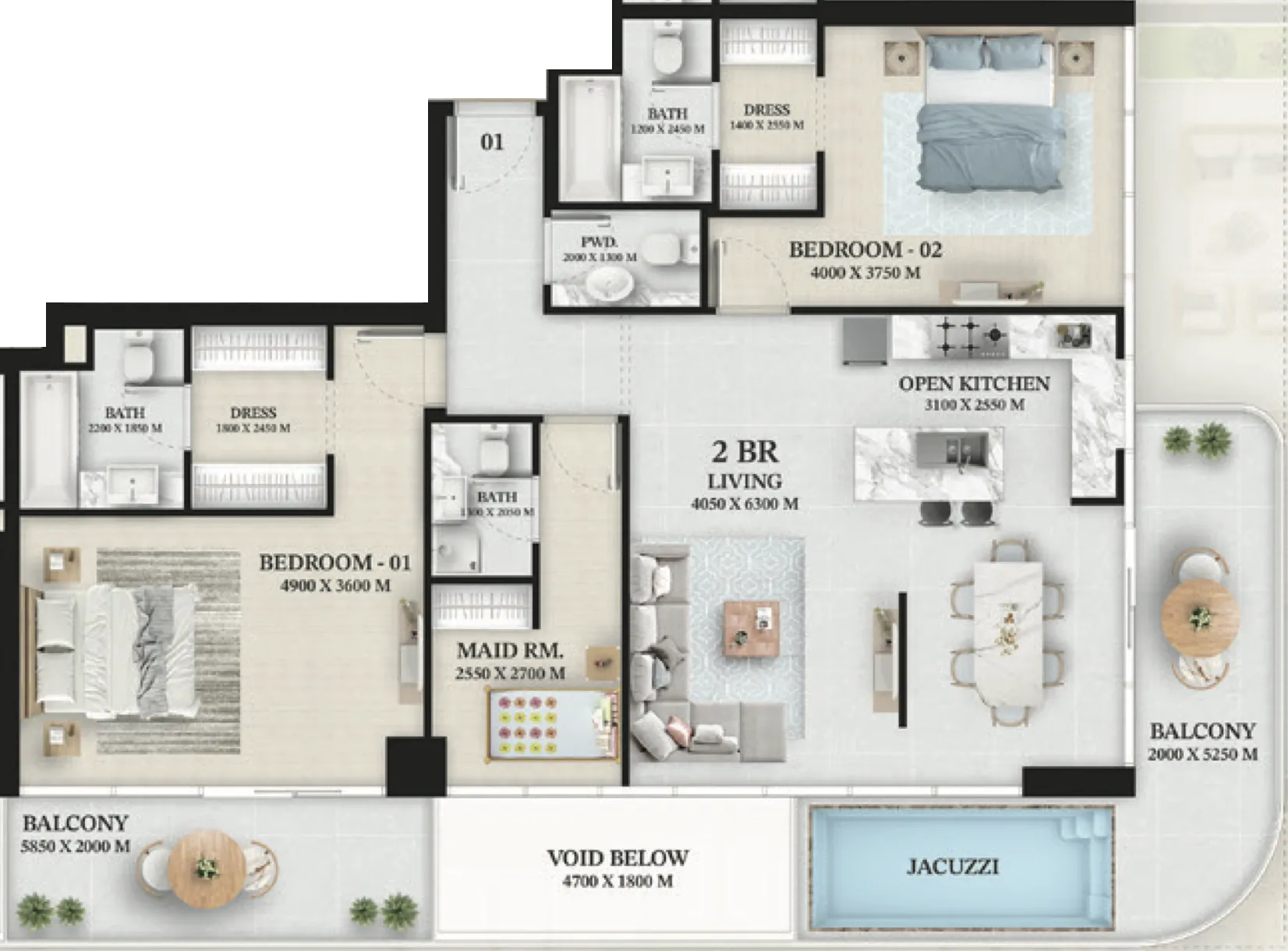 Wellington Ocean 2 bed floor plan, 1,786 sqft