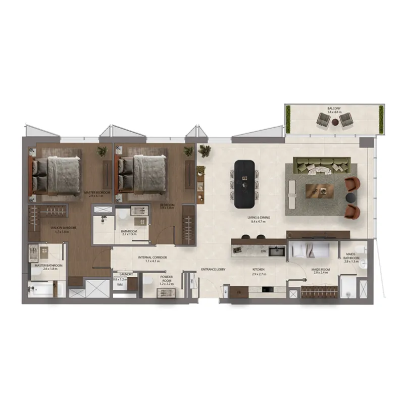 Sei Saadiyat 2 bed floor plan, 1,475 sqft