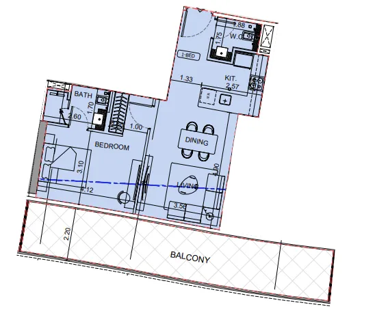 Binghatti Aquarise 1 bed floor plan, 975 sqft