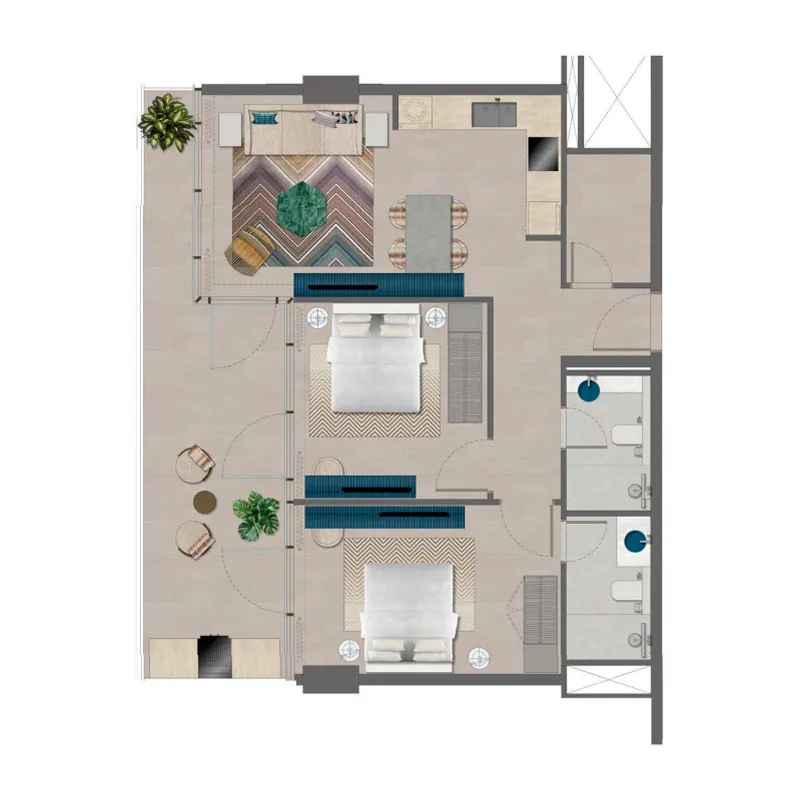 Trio Isle 2 bed floor plan, 1,000 – 1,034 sqft