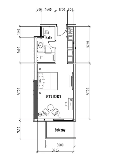 Damac Hills - Radisson Dubai Studio floor plan, 478 sqft
