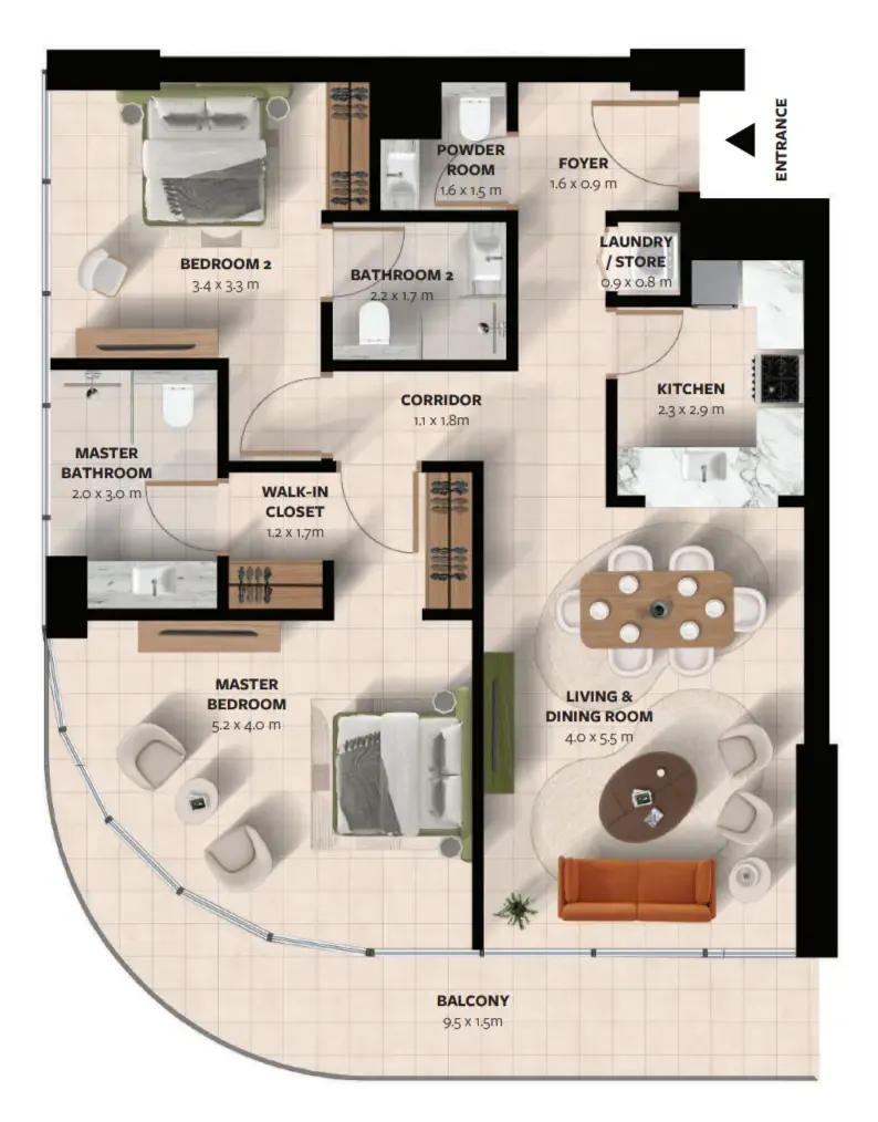 Waada Dubai South 2 bed floor plan, 1,192 sqft