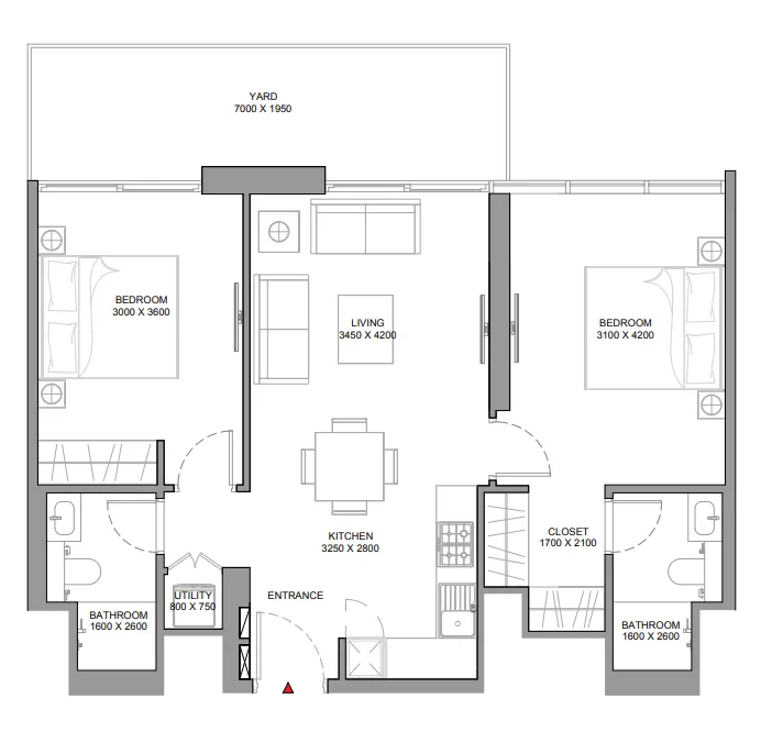Florine Beach Residences 2 bed floor plan, 923 sqft