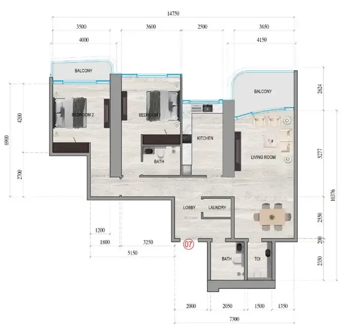 Al Ghaf Tower 2 bed floor plan, 1,476 sqft
