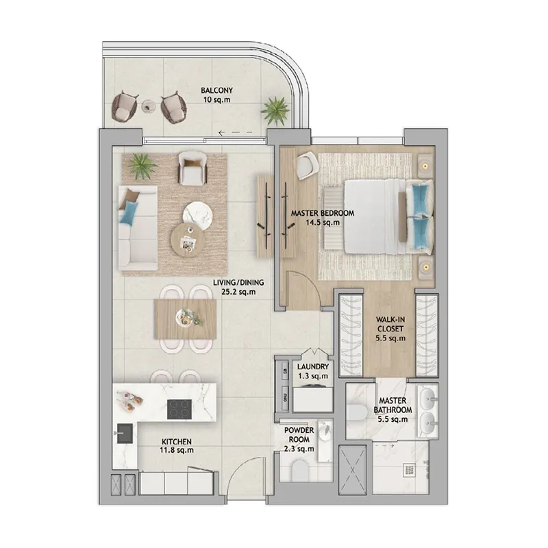 Fahid Beach Terraces 1 bed floor plan, 968 sqft