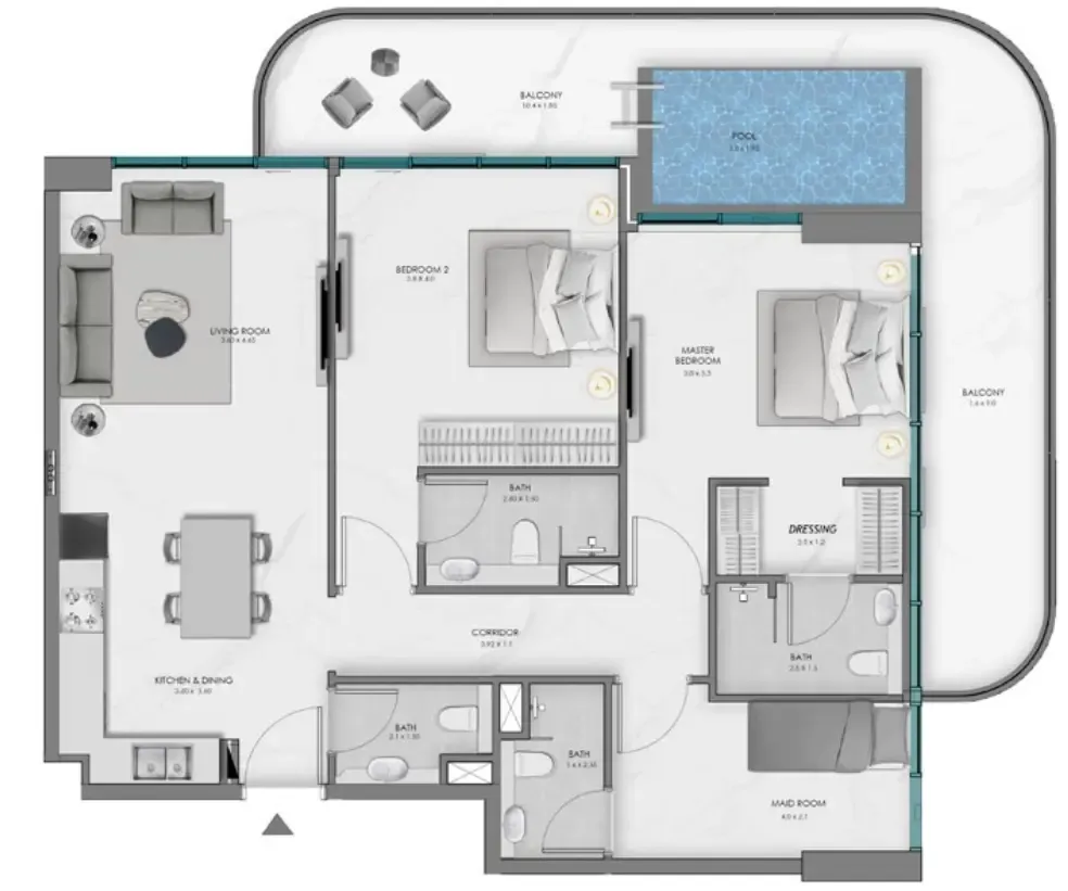 Samana Ocean Bay 2 bed floor plan, 1,447 sqft