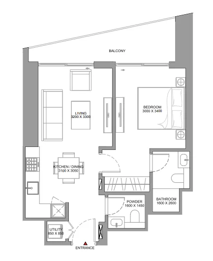 The Serene at Sobha Central 1 bed floor plan, 645 sqft