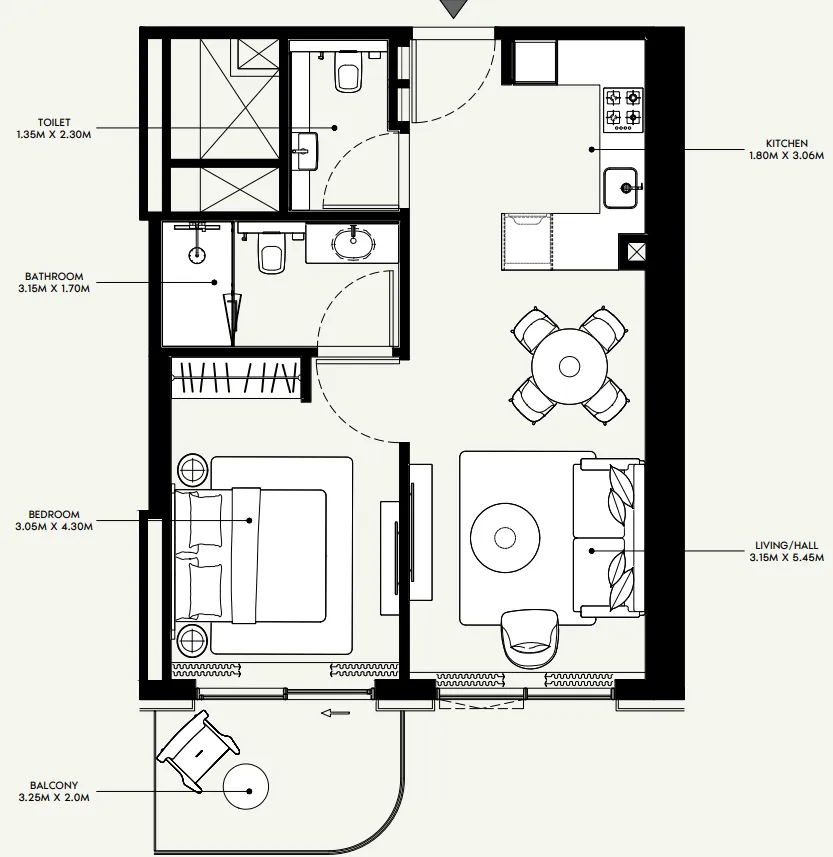 Azizi Venice 1 bed floor plan, 666 sqft