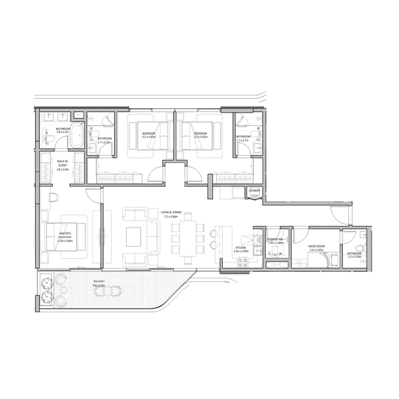 The Blue Beach Residence 2 bed floor plan, 1,731 sqft