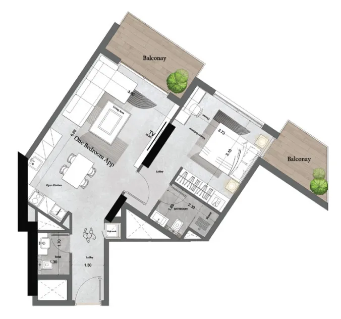 Saray Prime Residence 1 bed floor plan, 739 sqft