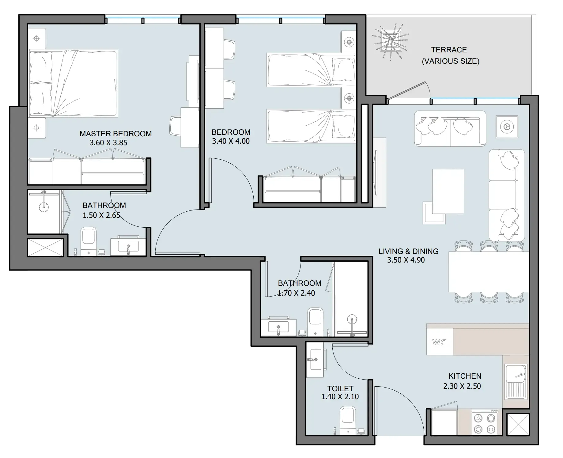 The District 2 bed floor plan, 918 sqft