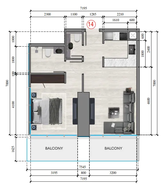Auresta Tower 1 bed floor plan, 671 – 674 sqft