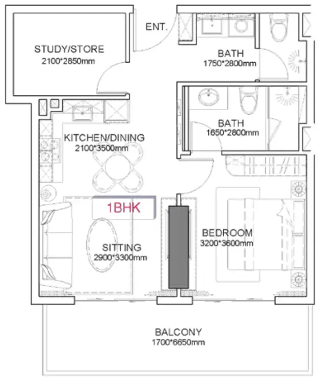 Listone Residence 1 bed floor plan, 687 – 706 sqft