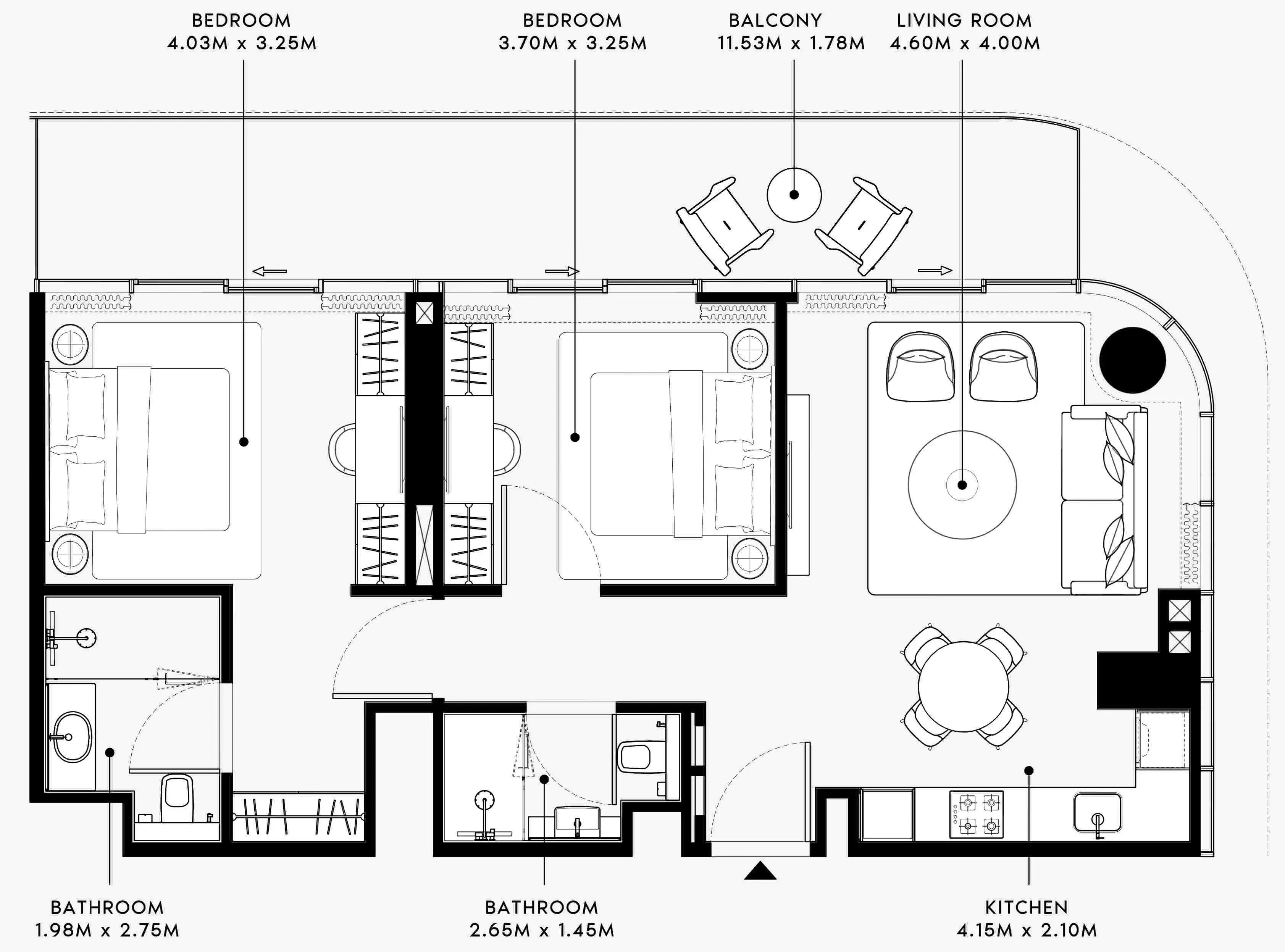 Azizi Venice 2 bed floor plan, 1,075 sqft