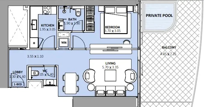 Binghatti Skyblade 1 bed floor plan, 967 sqft