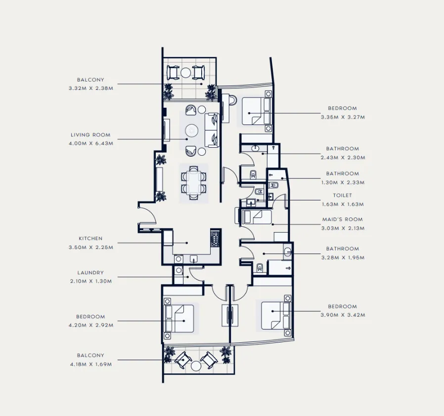 Azizi Venice 3 bed floor plan, 1,618 sqft