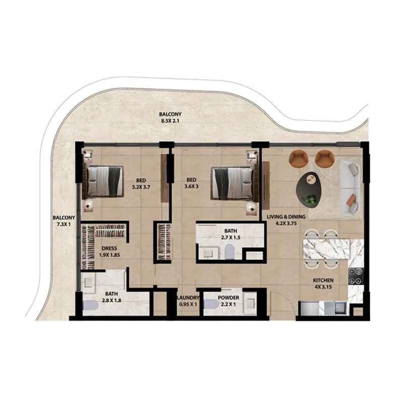 Marquis Horizon 2 bed floor plan, 993 – 1,438 sqft
