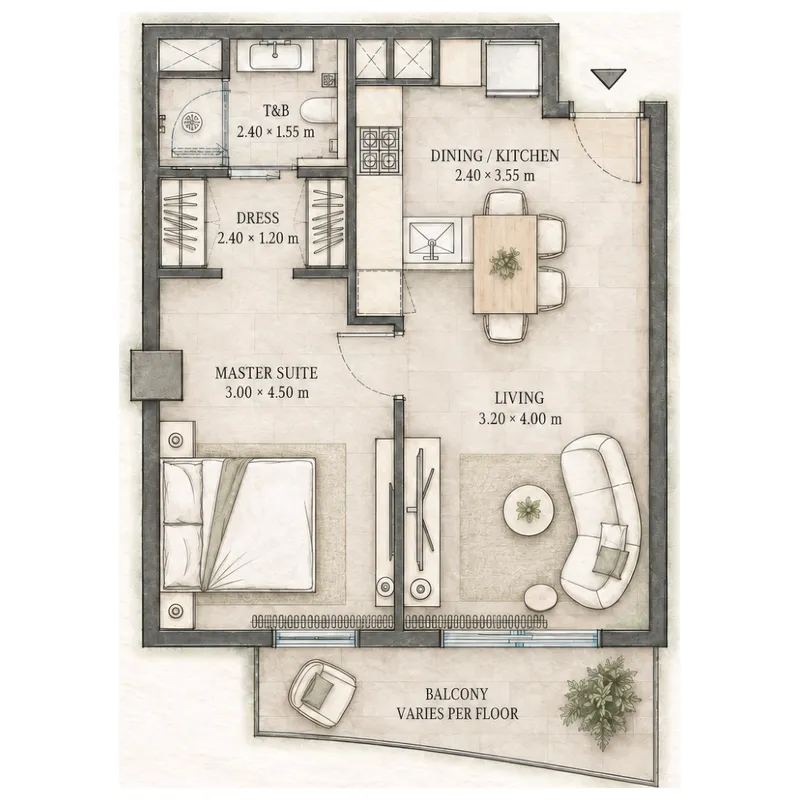 Epoque 1 bed floor plan, 546 – 607 sqft