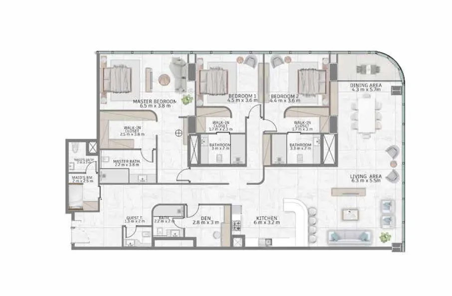 Al Habtoor Tower 3 bed floor plan, 3,106 sqft