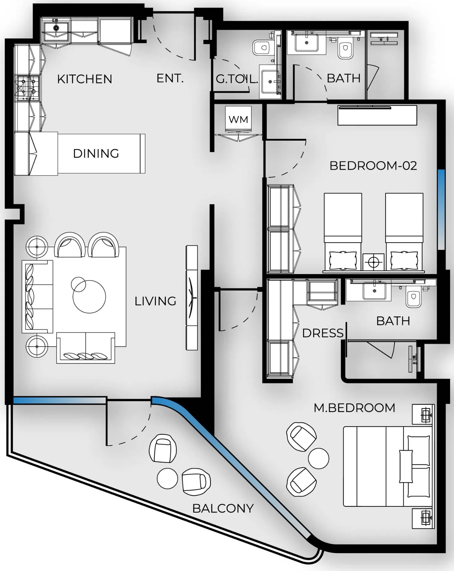 Luxury Canal Residences 2 bed floor plan, 1,201 sqft