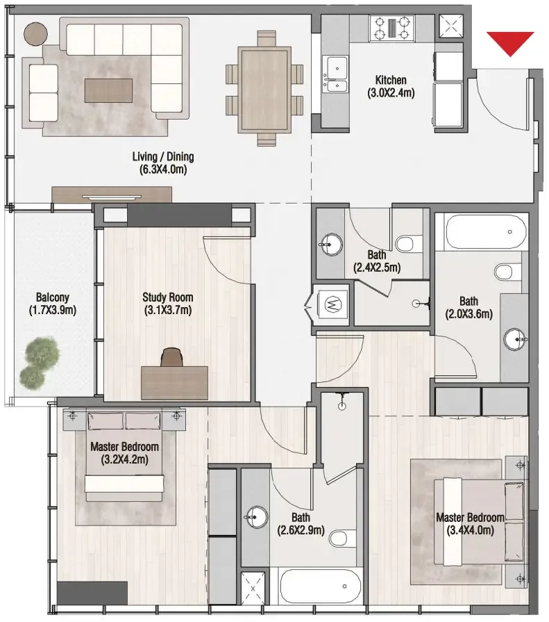South Living 2 bed floor plan, 1,466 sqft
