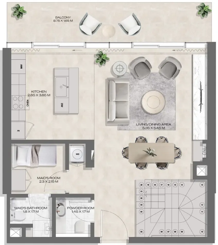DWTN Residences 2 bed floor plan, 1,909 sqft