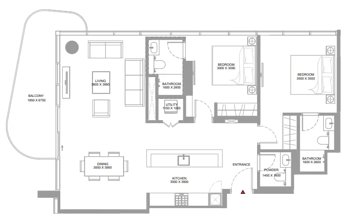Yachtside Marina Residences 2 bed floor plan, 1,221 – 1,230 sqft