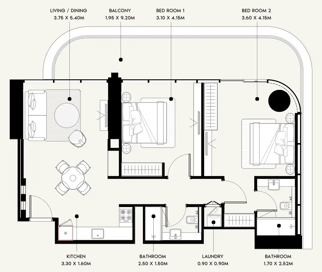 Azizi Milan 2 bed floor plan, 1,122 sqft
