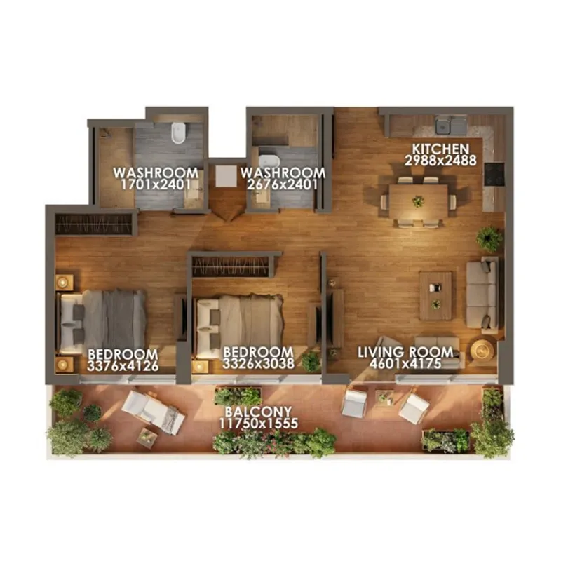 Zenith D1 2 bed floor plan, 1,042 – 1,048 sqft