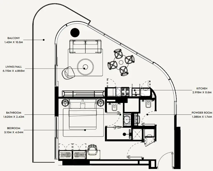 Azizi Rose 1 bed floor plan, 855 sqft