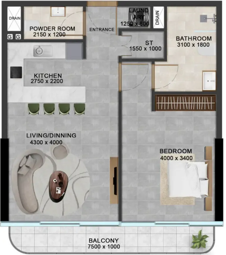 Vivanti Residences by Meteora 1 bed floor plan, 747 sqft