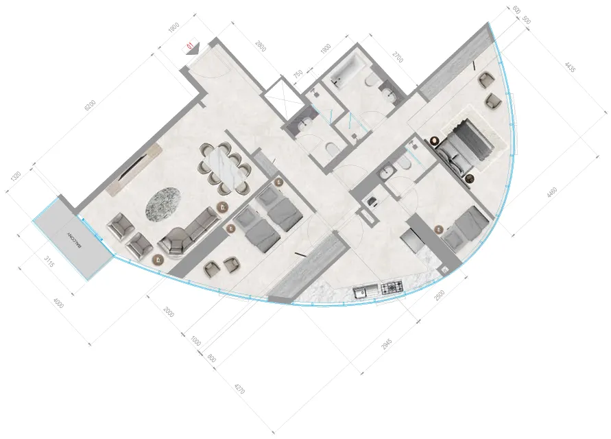 Orchid Towers Phase 1 2 bed floor plan, 1,306 sqft