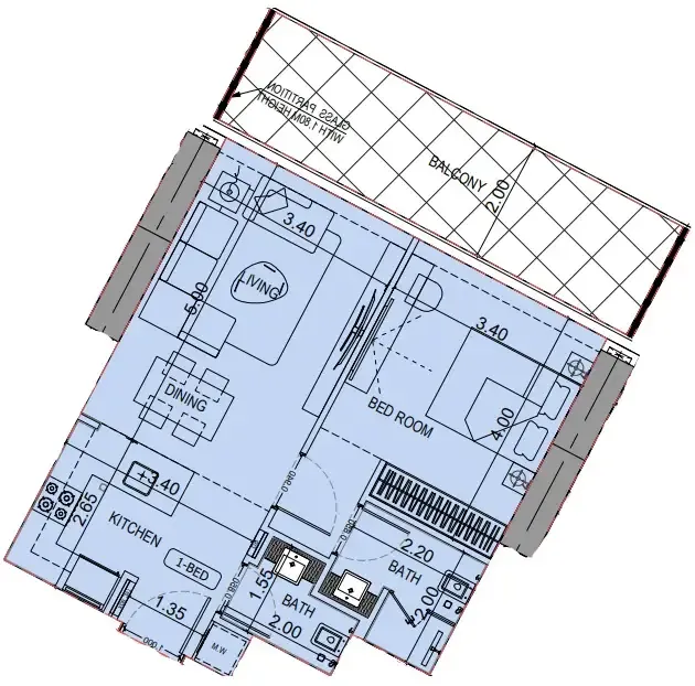 Binghatti Flare 1 bed floor plan, 741 sqft