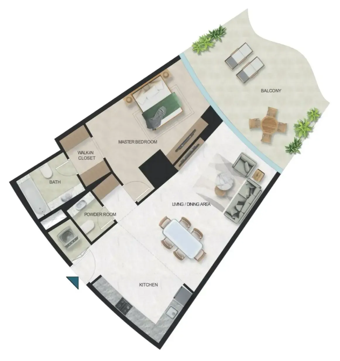 Oystra 1 bed floor plan, 1,165 sqft