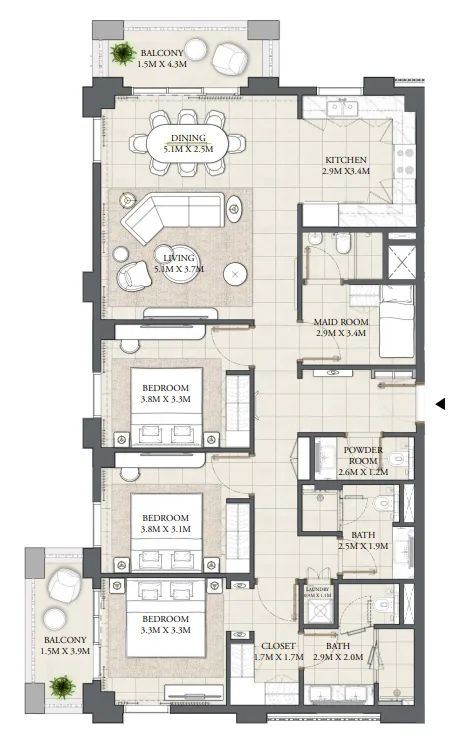 Palace Residences Creek Blue 3 bed floor plan, 1,572 sqft