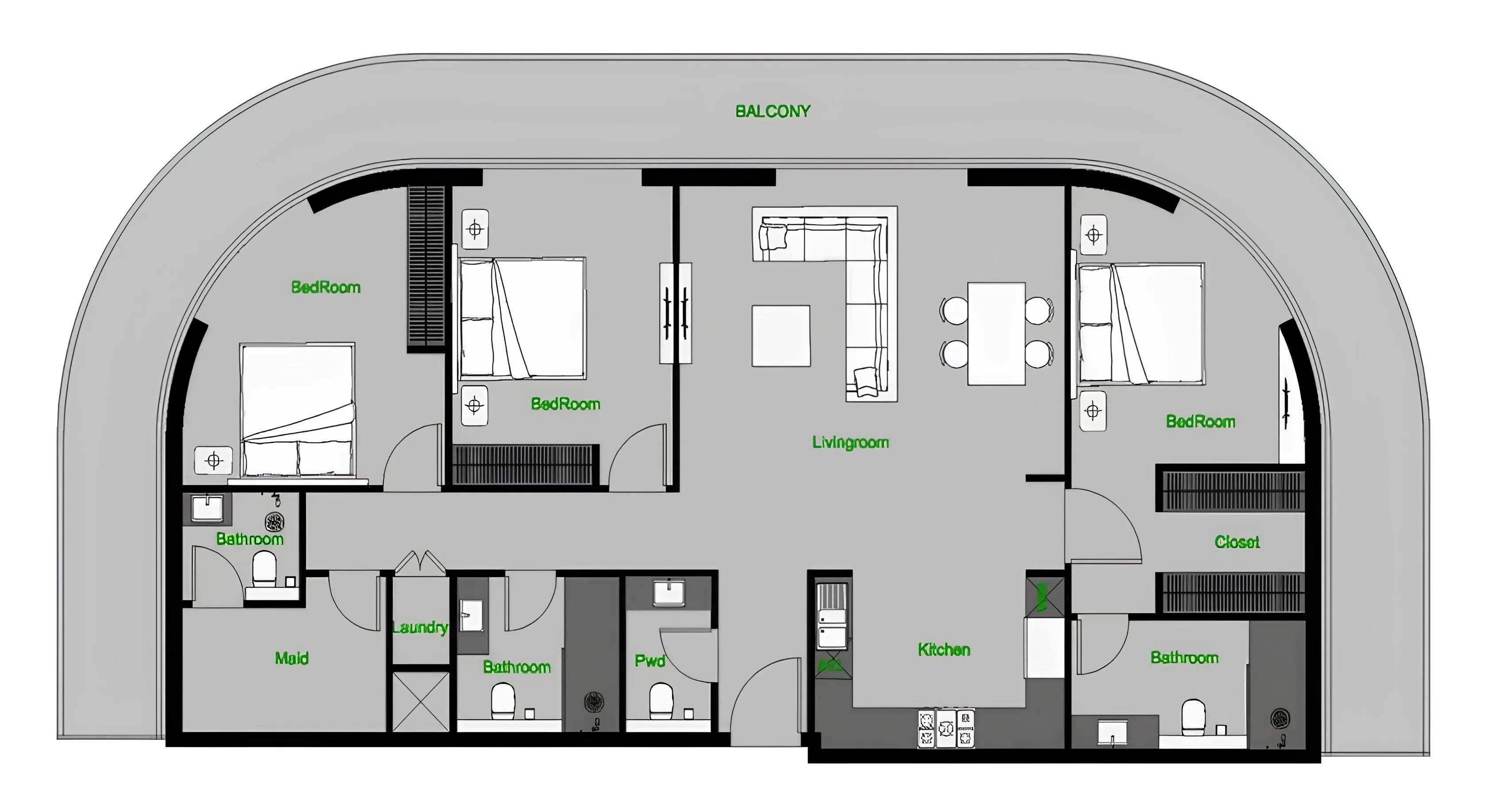 The Central Downtown 3 bed floor plan, 2,204 sqft