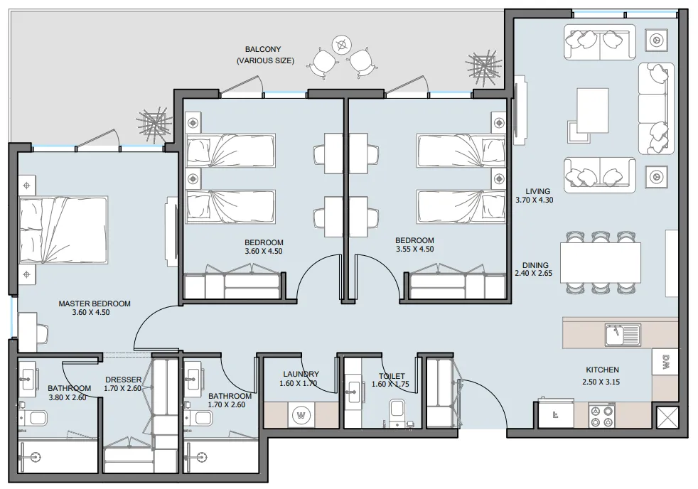 The District 3 bed floor plan, 1,590 – 2,033 sqft