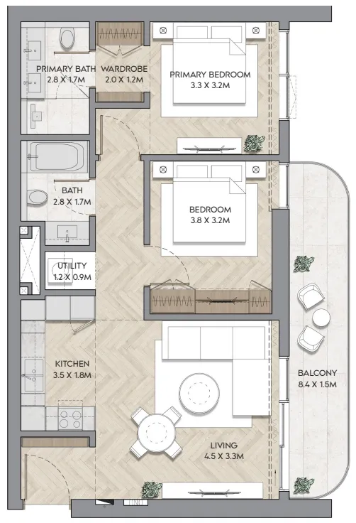 Nura 2 bed floor plan, 1,001 – 1,003 sqft