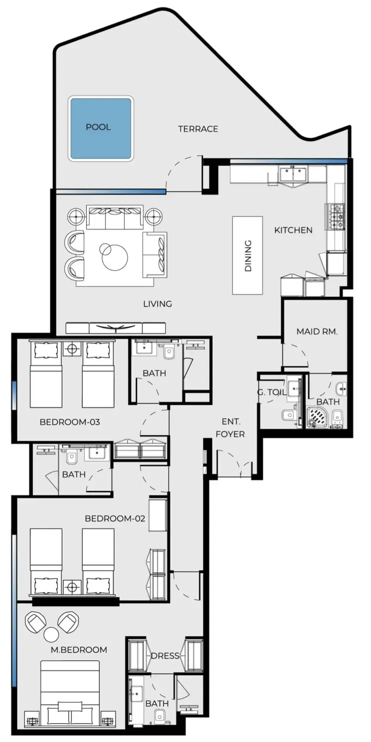 Luxury Canal Residences 3 bed floor plan, 2,028 sqft