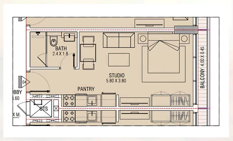 Brand Centro Studio floor plan, 383 sqft