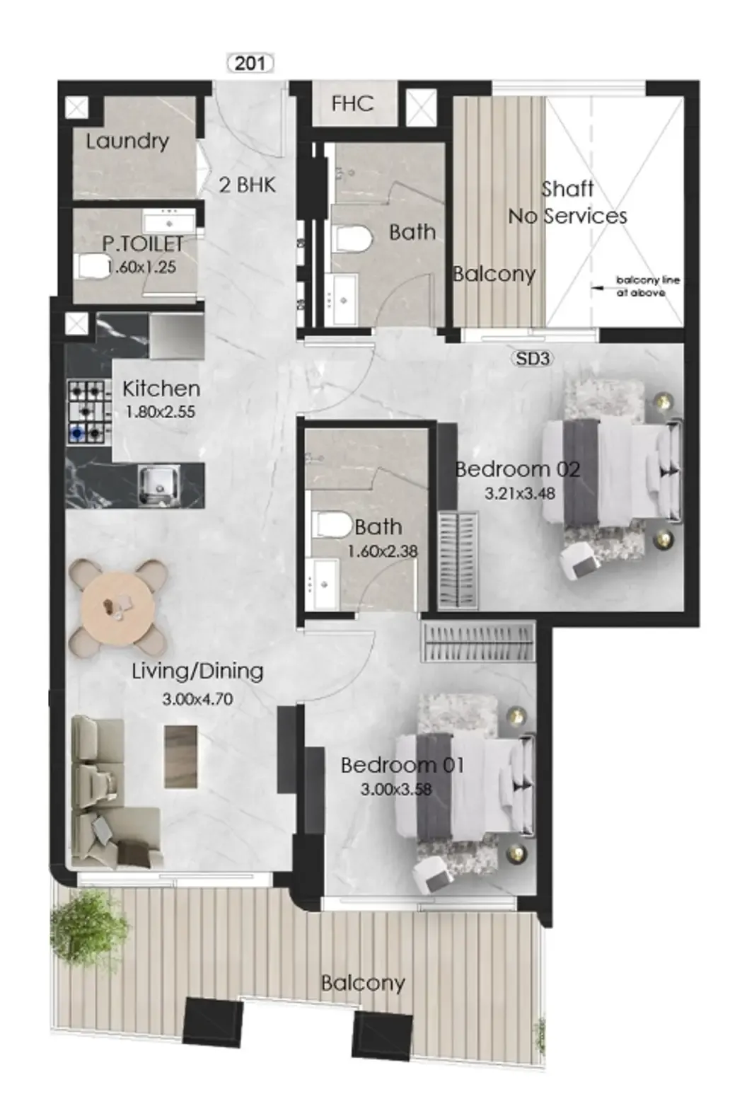 Aristo 2 bed floor plan, 887 sqft