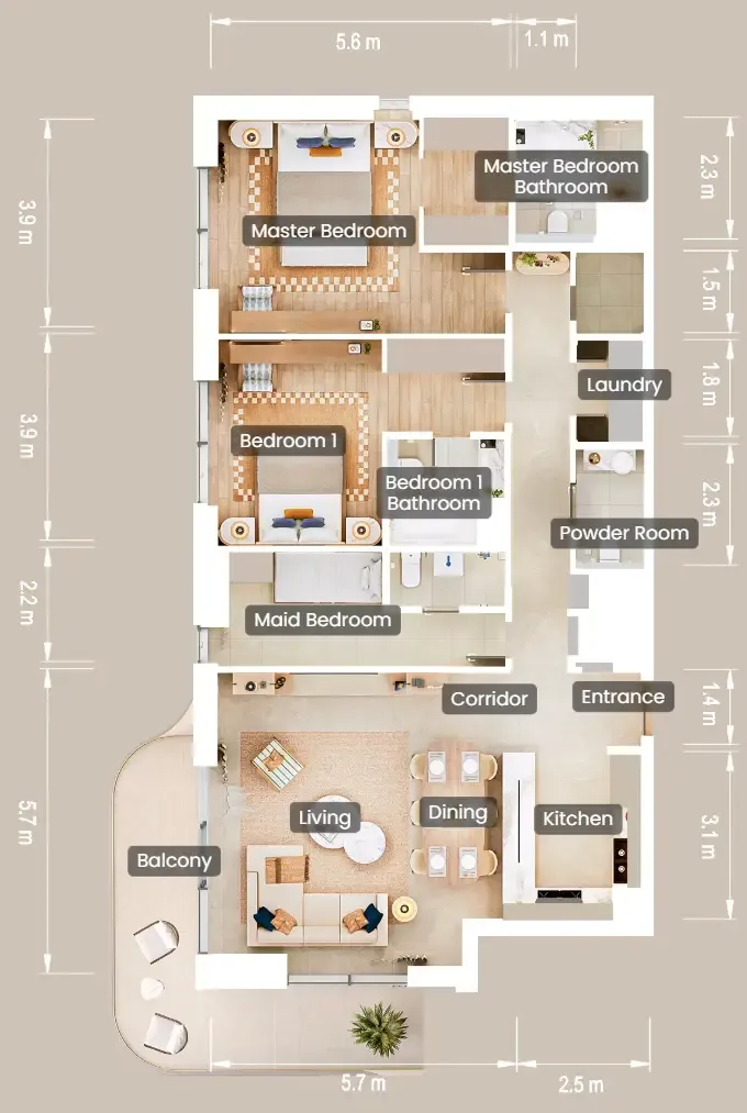The Beach House Fahid 2 bed floor plan, 1,612 sqft