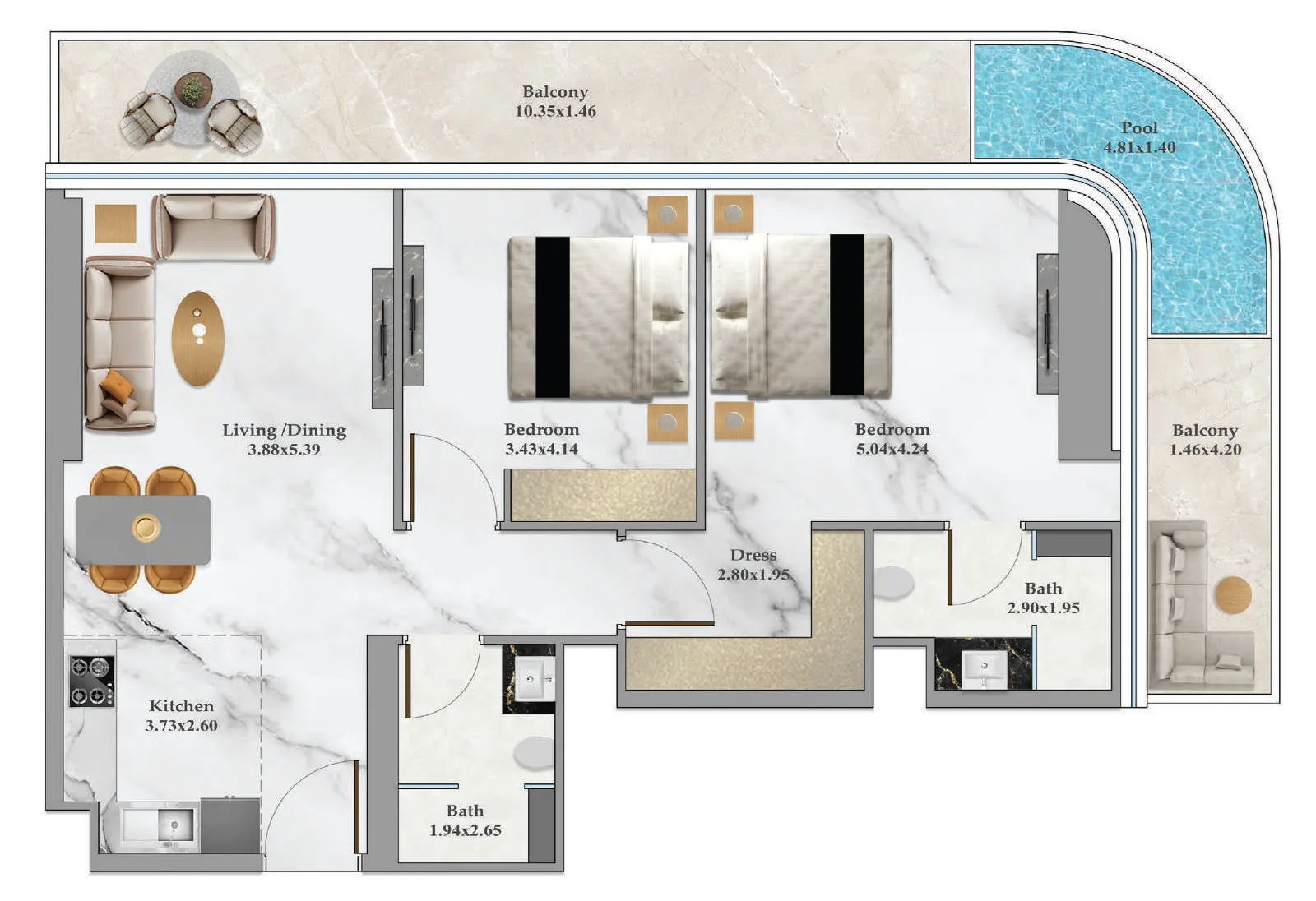 Bayz 102 2 bed floor plan, 1,218 sqft