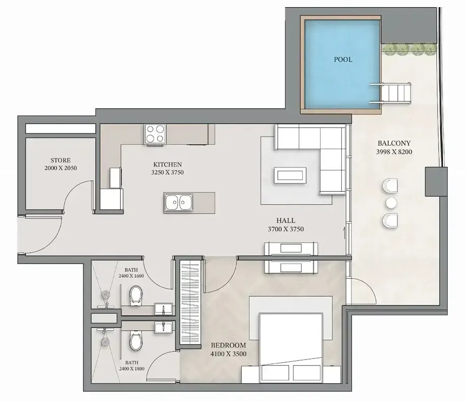 Empire Gardens 1 bed floor plan, 962 sqft
