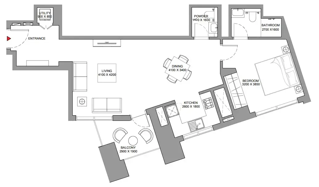 Skyscape 1 bed floor plan, 846 sqft