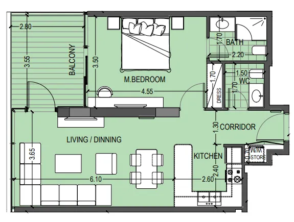 Celia Gardens 1 bed floor plan, 789 sqft