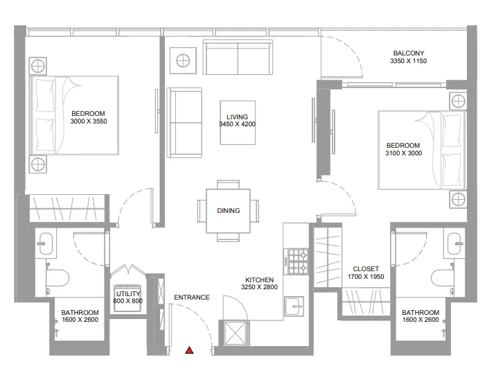 Pierside Marina Residences 2 bed floor plan, 776 sqft
